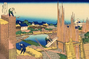 hokusai 36 ansichten mount fuji 05 Honjo Tatekawa, the timberyard at Honjo